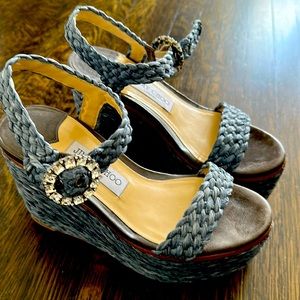 Blue Jimmy Choo espadrilles with crystal embellished buckle.
